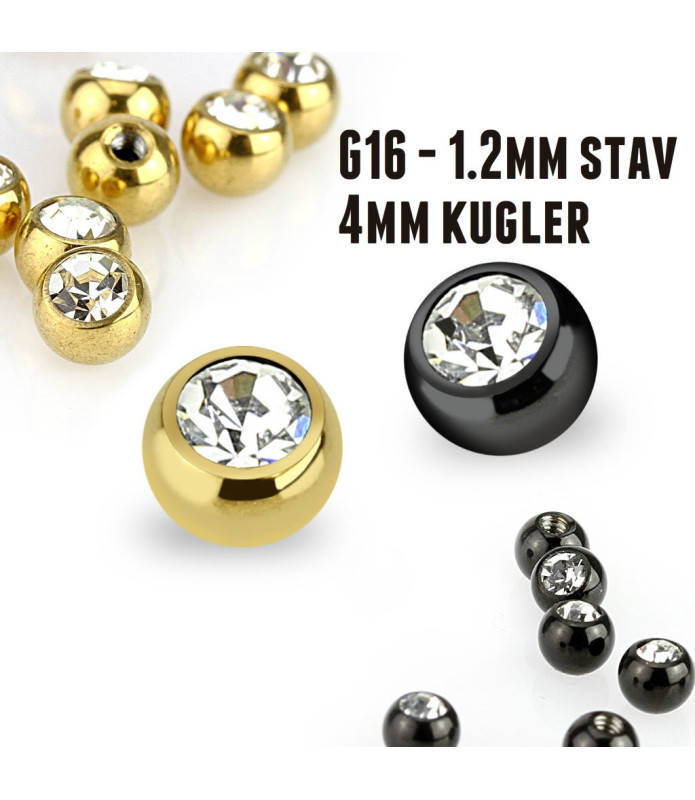 Piercingkugler med krystal G16 sort ell. guld